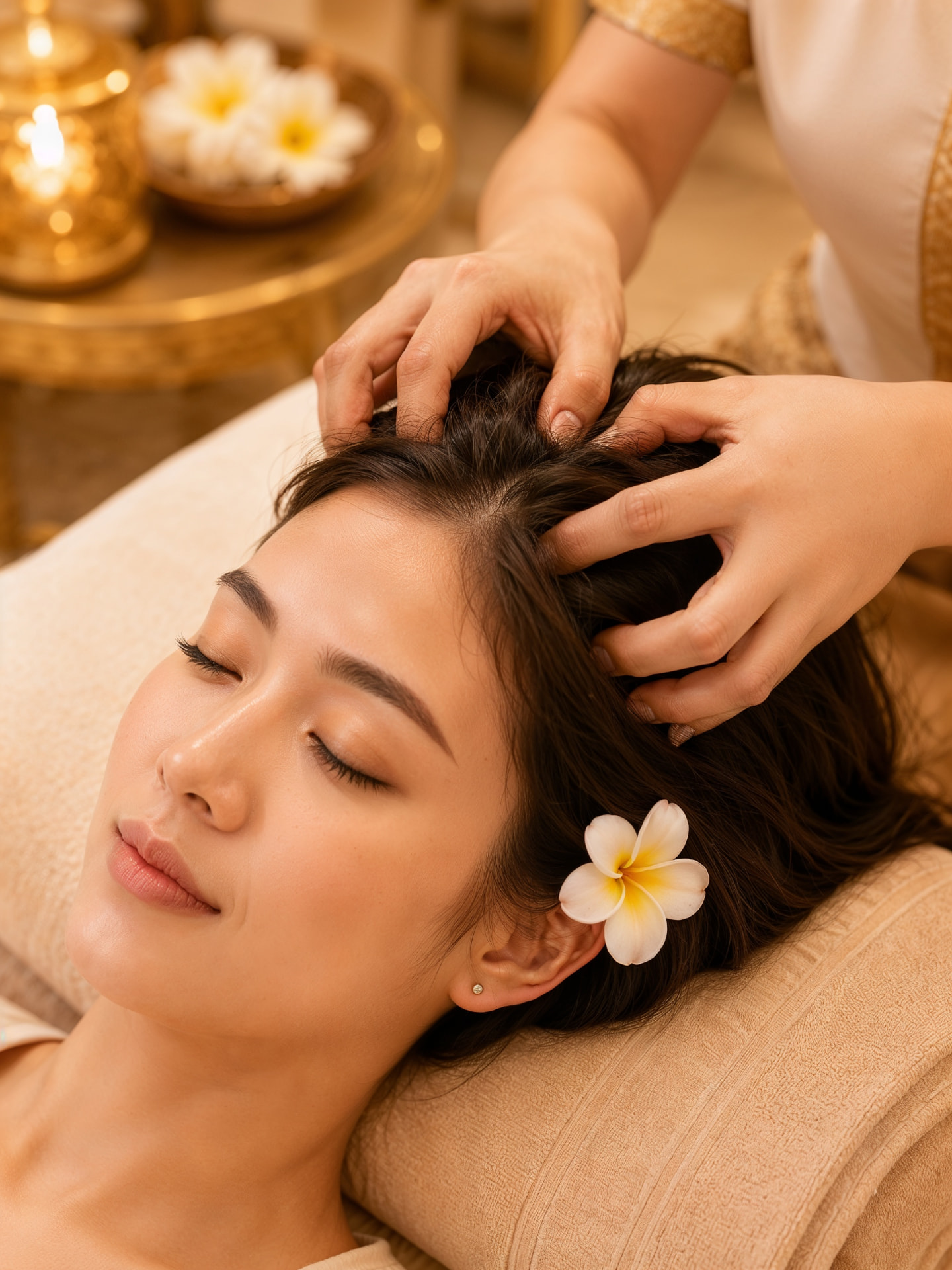 Thai therapist giving a relaxing head and scalp massage