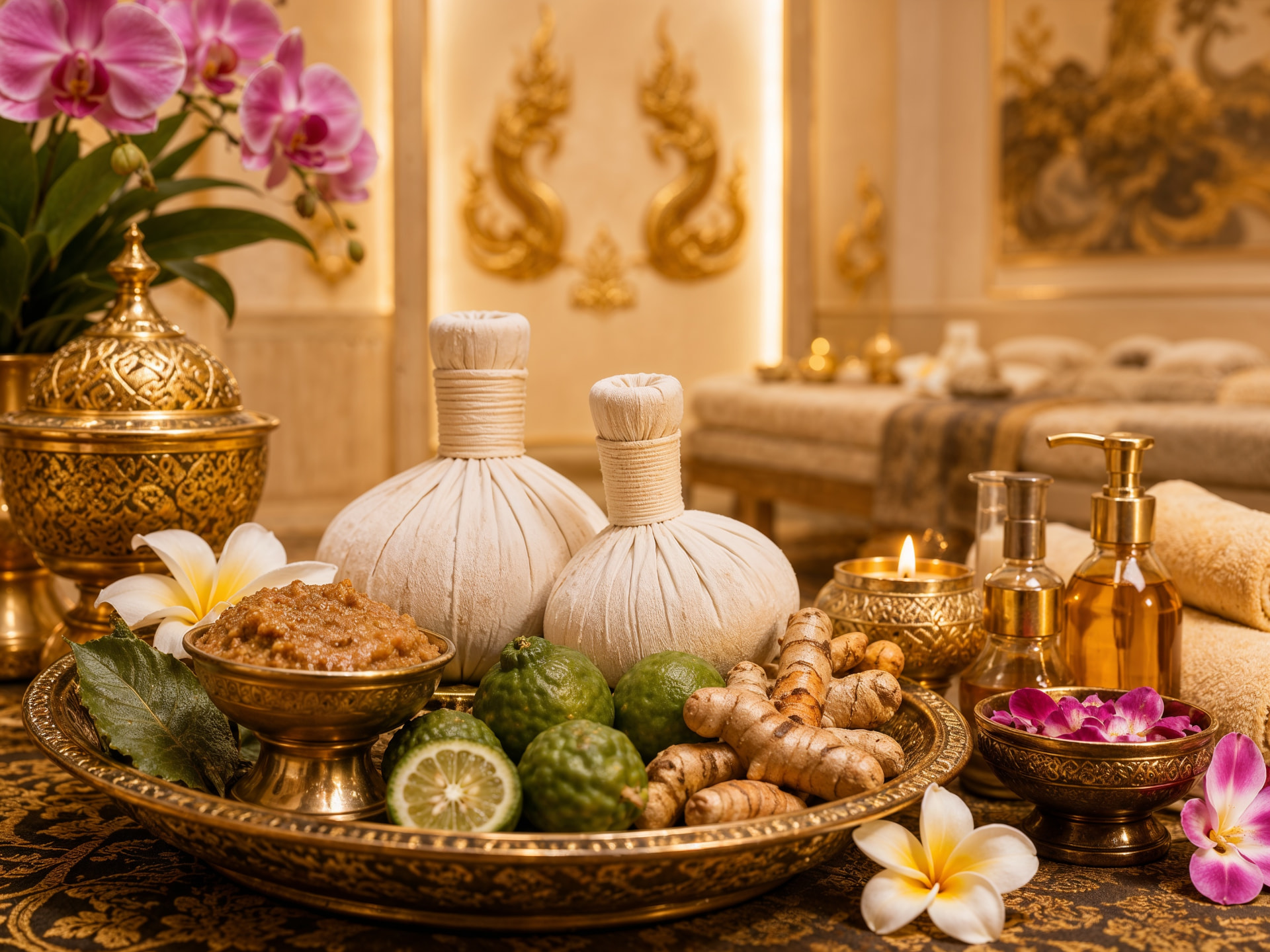 Brass tray of herbal compresses, scrub, kaffir lime and turmeric beside orchids