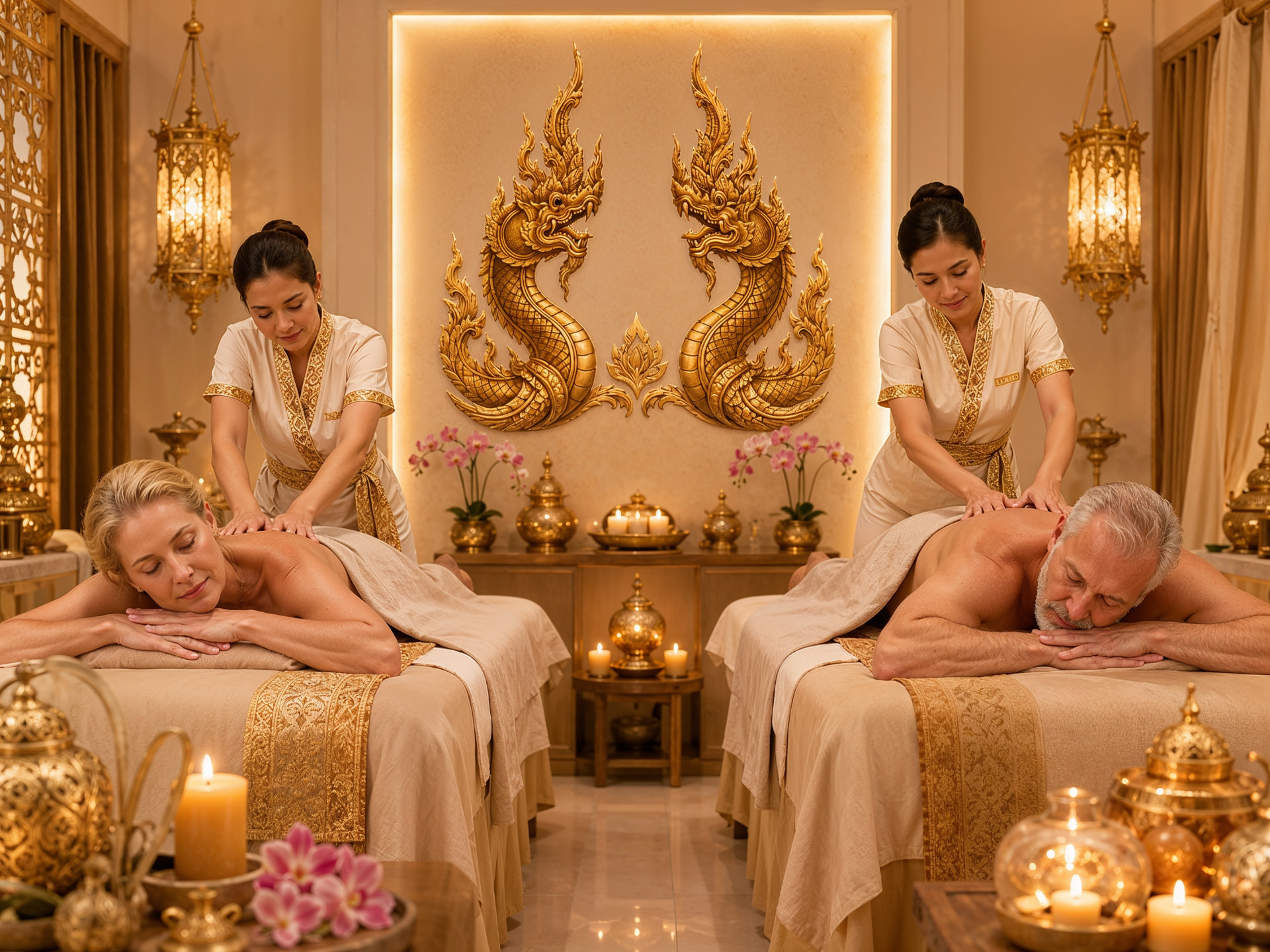 Couples treatment room with two beds beneath golden Naga wall art