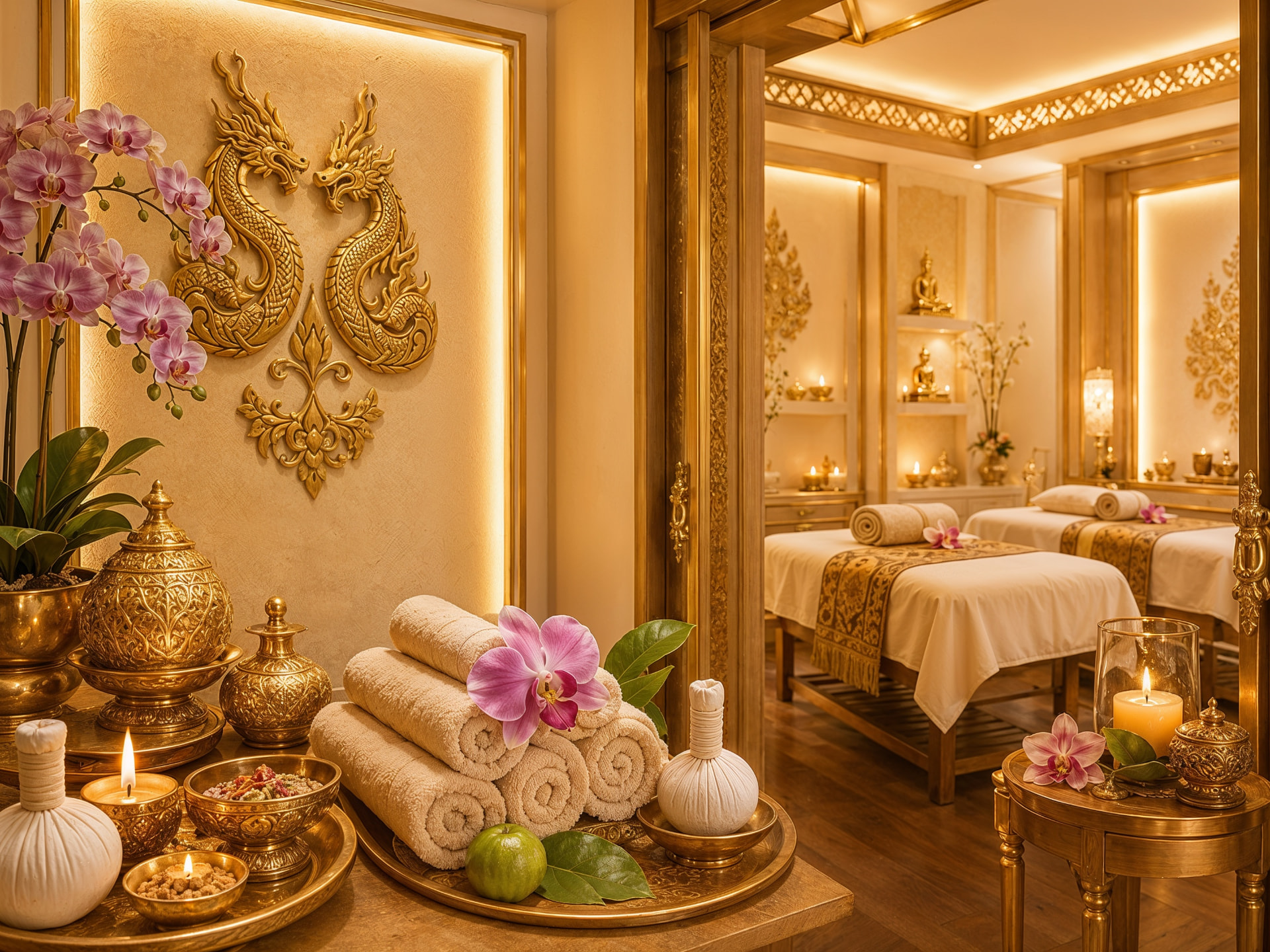 Candlelit Thai treatment suite with rolled towels, orchids and twin massage beds