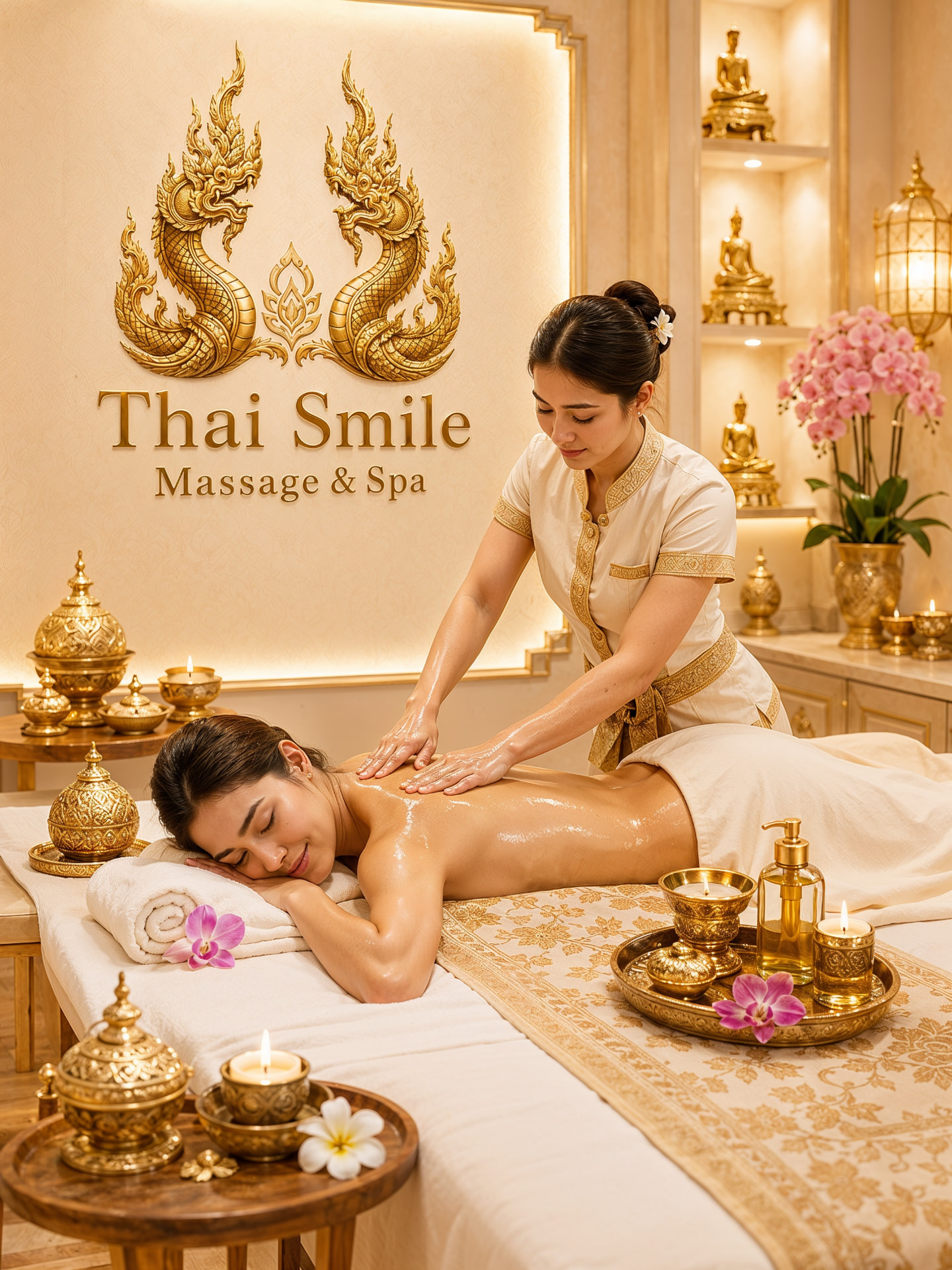 Thai therapist performing an oil massage in the elegant Thai Smile treatment room