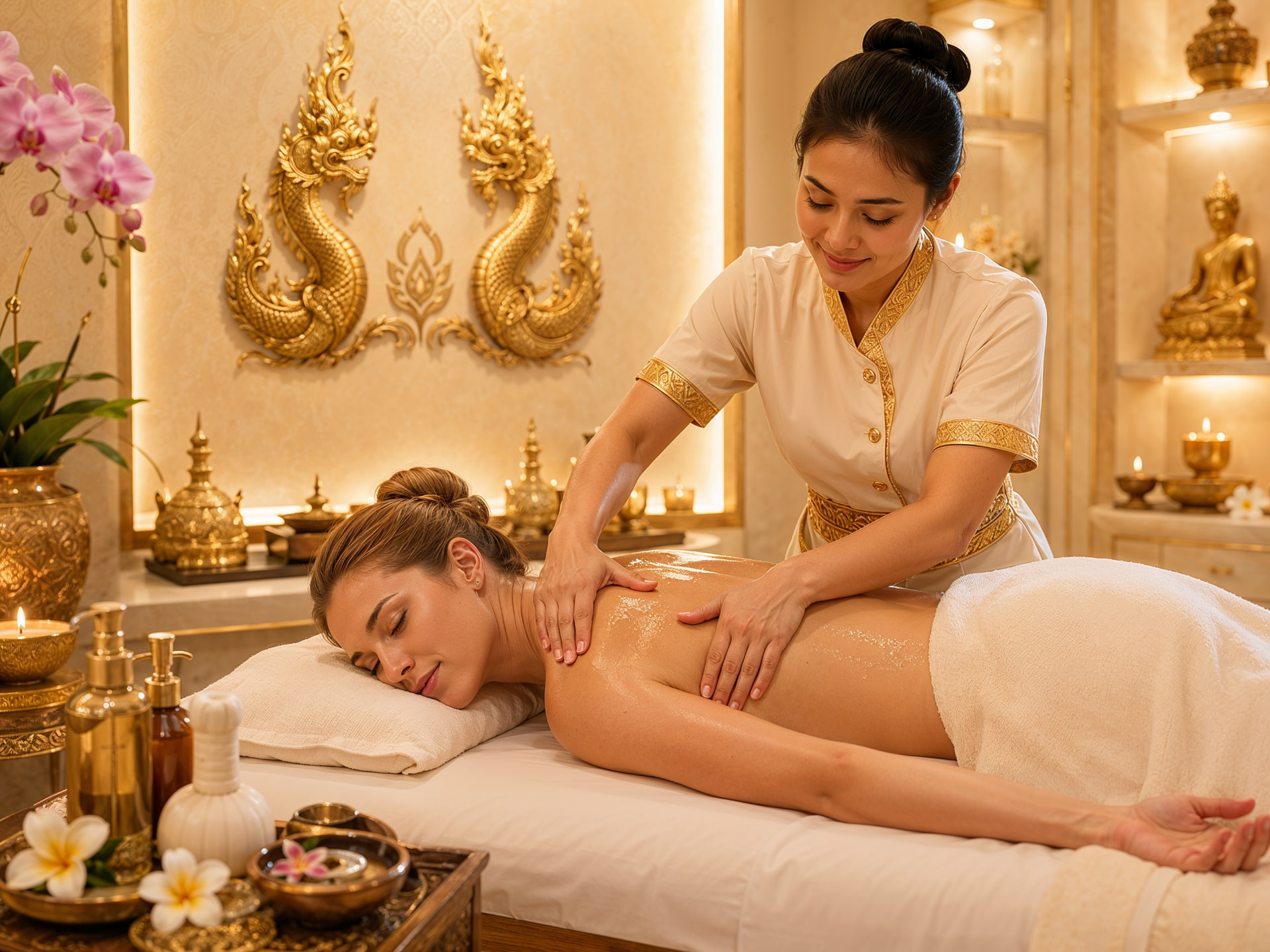 Therapist performing a warm oil massage beneath golden Naga wall art
